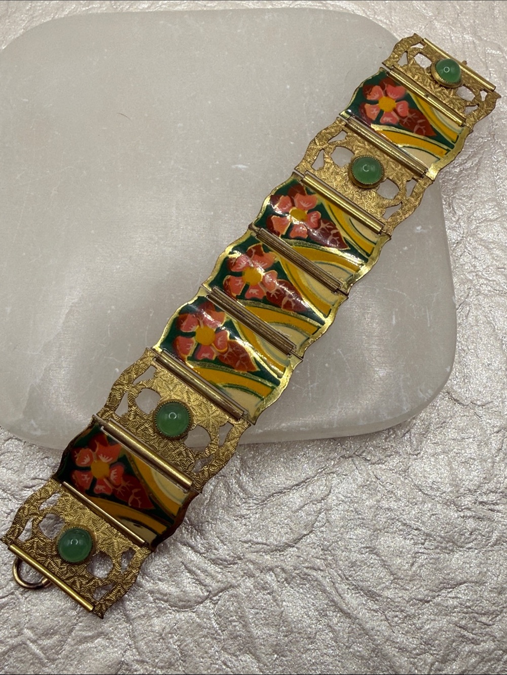 Rare antique colorful floral panel open work HFB rare stamped bracelet
